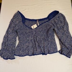 Free People‎ Brittnee Smocked Peplum Navy and White Floral Top